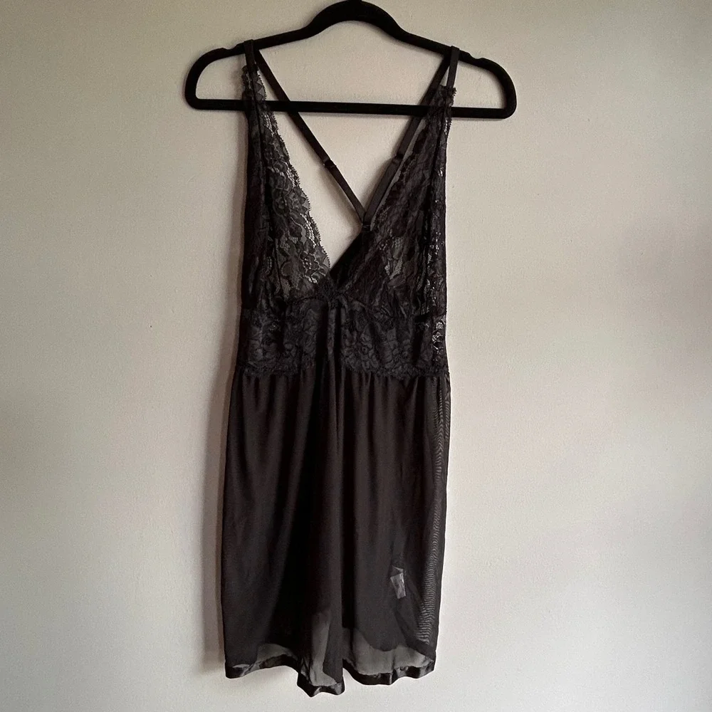 Black‎ Floral Lace Sheer Mesh Babydoll Chemise Nightgown XL Adjustable Straps